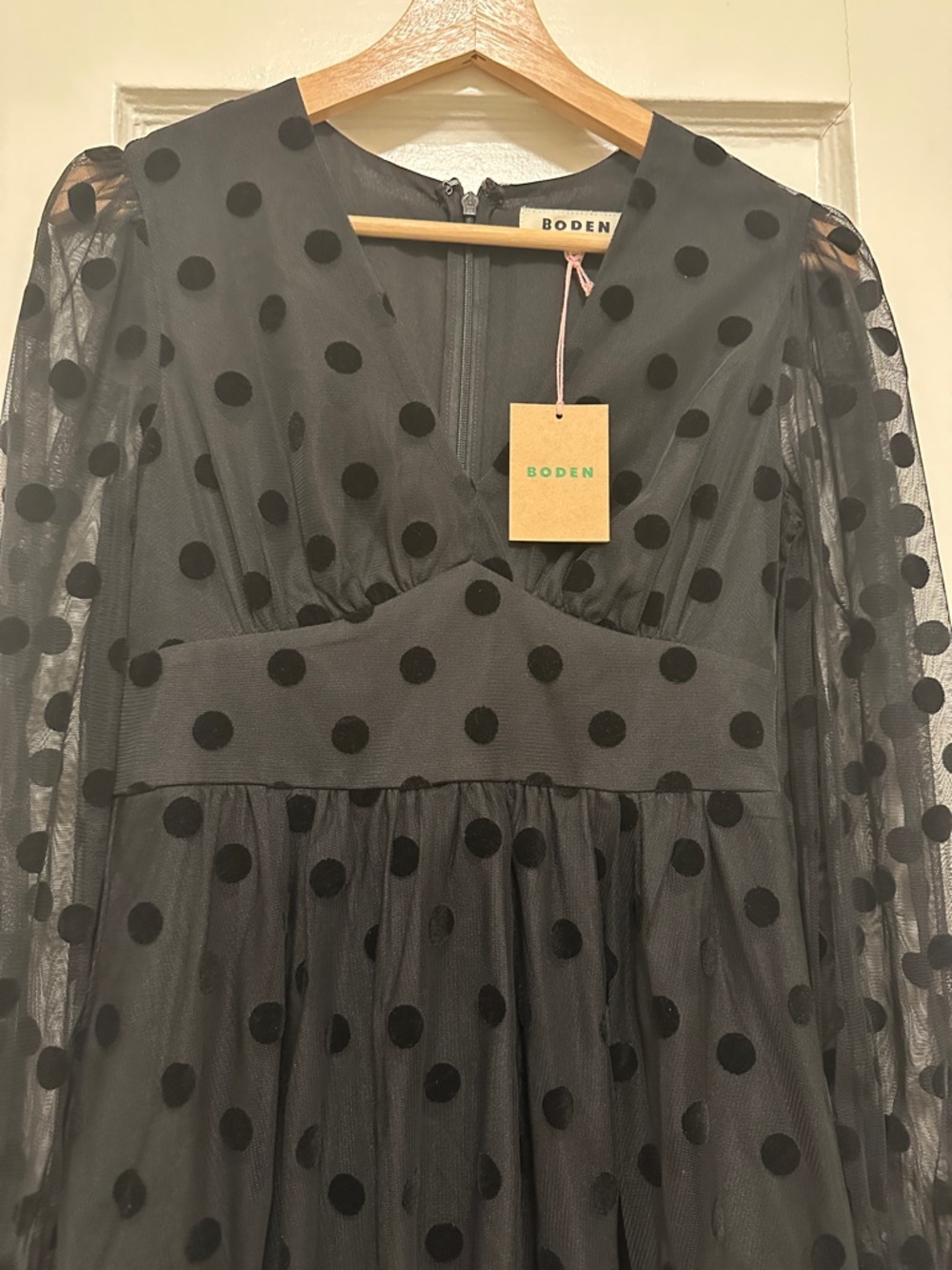 Boden Black Polka Dot Mesh Midi Dress with Sheer Sleeves - Picture 2 of 12